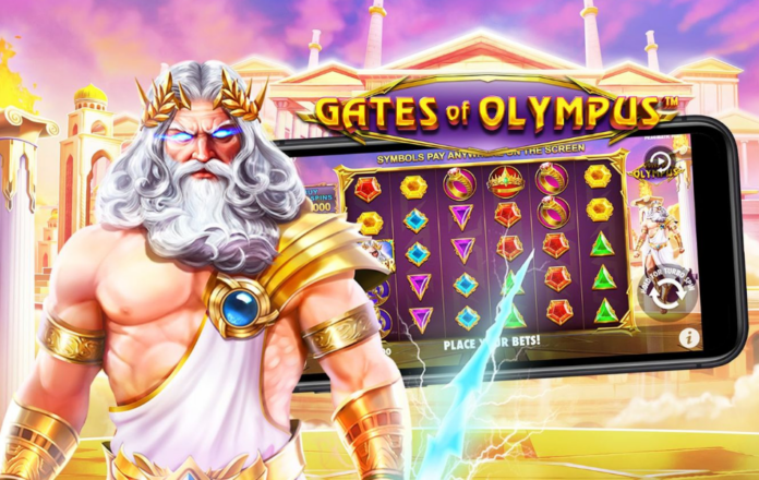 Imagem oficial do jogo Gates of Olympus com o Deus do Olimpo à frente e um mockup do jogo em mobile em segundo plano