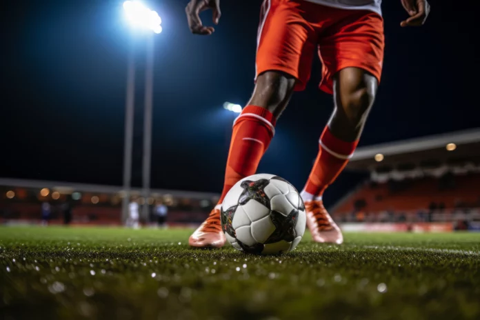 Um jogador de futebol com uniforme vermelho e branco se prepara para chutar uma bola sob as luzes brilhantes do estádio. A imagem foca na parte inferior do corpo e na bola de futebol em um campo verde. O fundo, que lembra a memória de alguém, é um estádio embaçado com um público vazio ou pouco povoado.