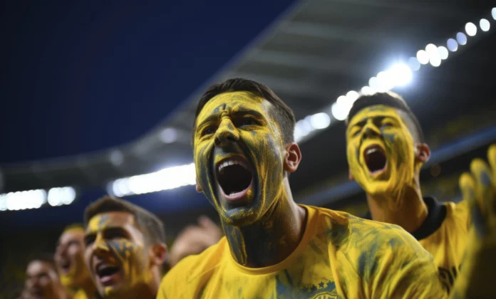 Um grupo de fãs de esportes animados com seus rostos pintados de amarelo, gritando e torcendo em um estádio. Eles estão vestindo camisas amarelas e parecem estar torcendo apaixonadamente por seu time sob as luzes brilhantes do estádio.